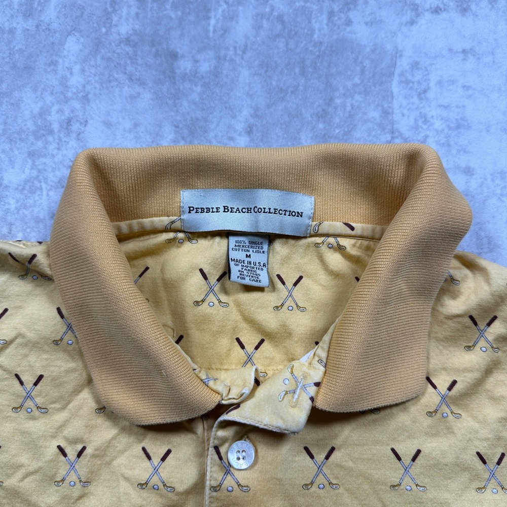 Pebble Beach Polo Shirt Mens Medium Yellow Golf Club Print Mercerized Cotton USA - Picture 4 of 7